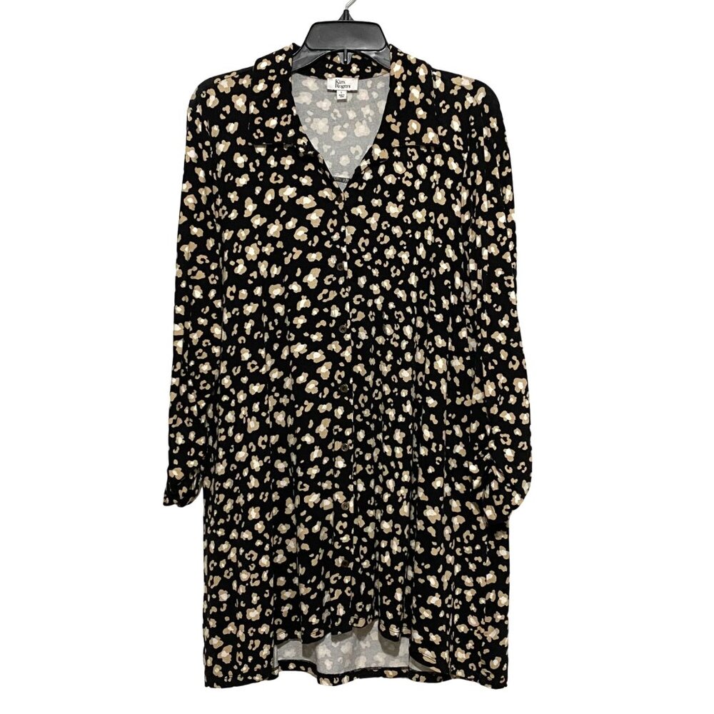 Kim Rogers Tunic Top Knee Length Dress L Black Button Front‎ Animal Print Artsy